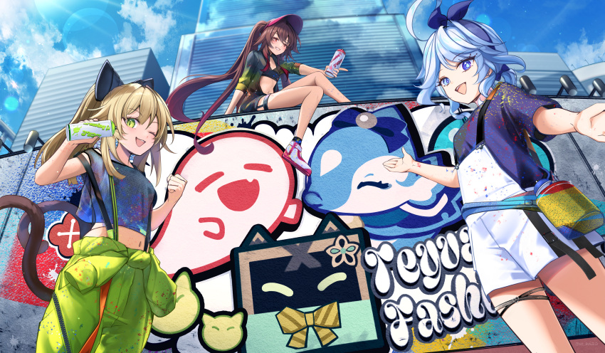 3girls :d ;d absurdres alternate_costume asahi_(vjss4548) black_shorts black_socks blue_eyes blue_hair blue_hairband blue_shirt blue_sky boo_tao_(genshin_impact) brown_hair building cat_girl cat_tail city cloud commentary_request contemporary day demon_girl_with_heterochromia_(enkyo_yuuichirou) drop-shaped_pupils furina_(genshin_impact) genshin_impact graffiti green_eyes green_jumpsuit green_shirt grin hairband highres hu_tao_(genshin_impact) jumpsuit jumpsuit_around_waist kirara_(genshin_impact) long_hair looking_at_viewer midriff multiple_girls multiple_tails navel one_eye_closed open_mouth outdoors paint_on_body paint_on_clothes ponytail red_eyes shirt shoes short_sleeves shorts sitting_on_wall sky skyscraper slit_pupils smile sneakers socks spray_paint surintendante_chevalmarin suspenders symbol-shaped_pupils t-shirt tail twintails two_tails very_long_hair visor_cap white_footwear