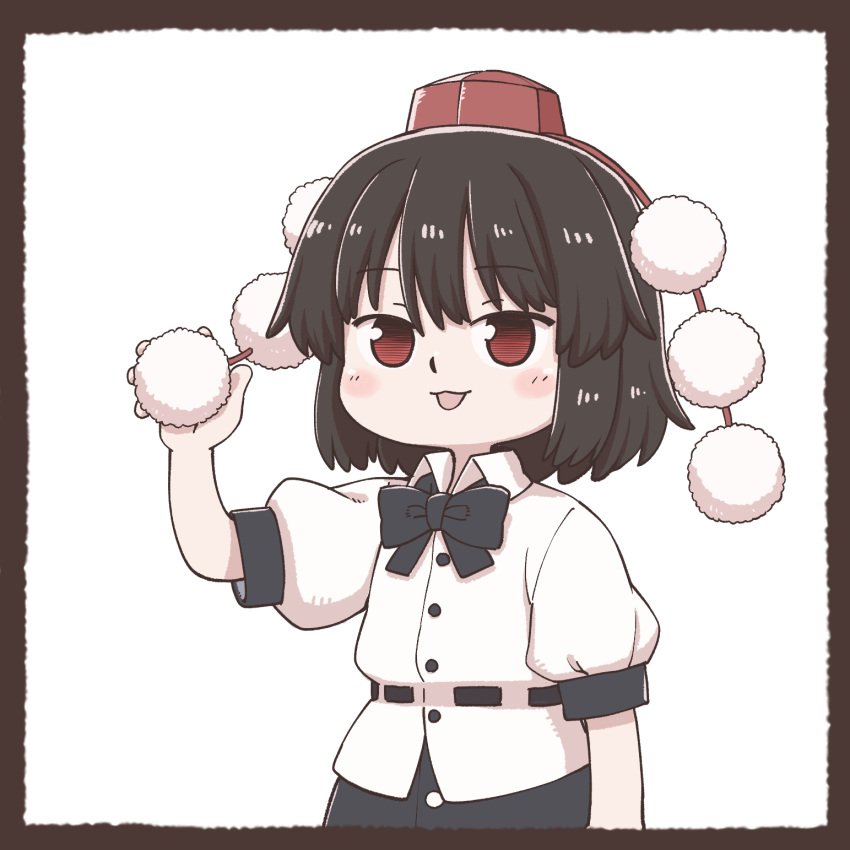 1girl black_bow black_bowtie black_hair black_skirt blush border bow bowtie brown_border buttons collared_shirt commentary_request cowboy_shot flat_chest hat highres looking_at_viewer medium_bangs open_mouth pom_pom_(clothes) poronegi red_eyes red_hat shameimaru_aya shirt short_hair simple_background skirt smile solo tokin_hat touhou white_background white_shirt