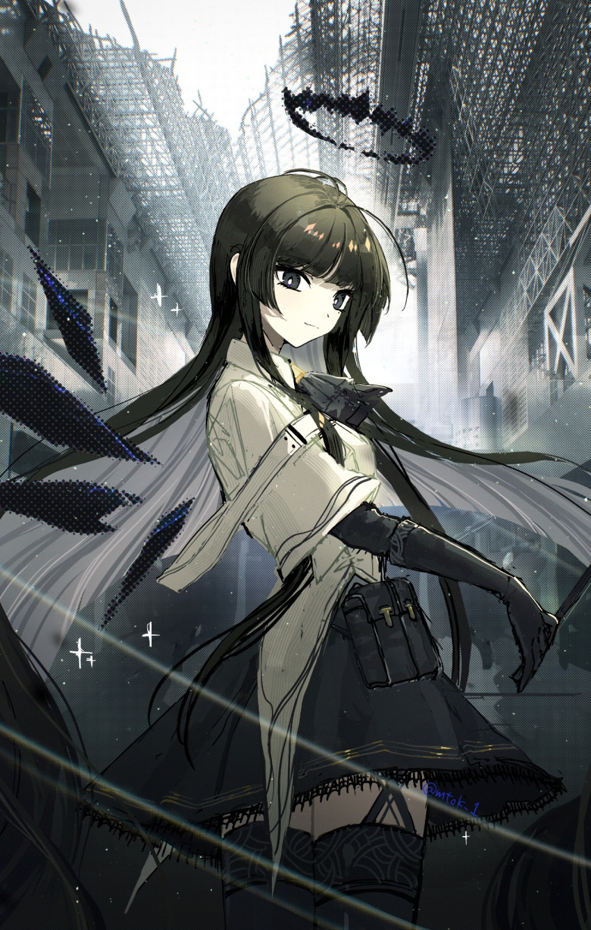 1girl ahoge antenna_hair arknights artist_name ascot belt belt_pouch black_ascot black_belt black_eyes black_garter_straps black_gloves black_hair black_halo black_skirt black_thighhighs black_wings blunt_bangs blurry blurry_background blurry_foreground bow_(music) breasts bright_pupils broken_halo building clear_sky closed_mouth coat collared_coat colored_inner_hair commentary cowboy_shot dark_halo depth_of_field detached_wings energy_wings floating_hair from_side garter_straps gloves grey_hair grey_sky halftone halo highres hime_cut holding holding_bow_(music) lace-trimmed_skirt lace_trim layered_sleeves light_particles light_rays light_smile long_hair long_sleeves looking_at_viewer looking_to_the_side matsuoka_(mtok_0) miniskirt mole mole_under_eye multicolored_hair outdoors pouch shadow short_over_long_sleeves short_sleeves sidelocks skirt sky small_breasts solo sparkle standing straight_hair strap sunlight tailcoat thighhighs twitter_username two-tone_hair very_long_hair virtuosa_(arknights) white_coat white_pupils wing_collar wings zettai_ryouiki