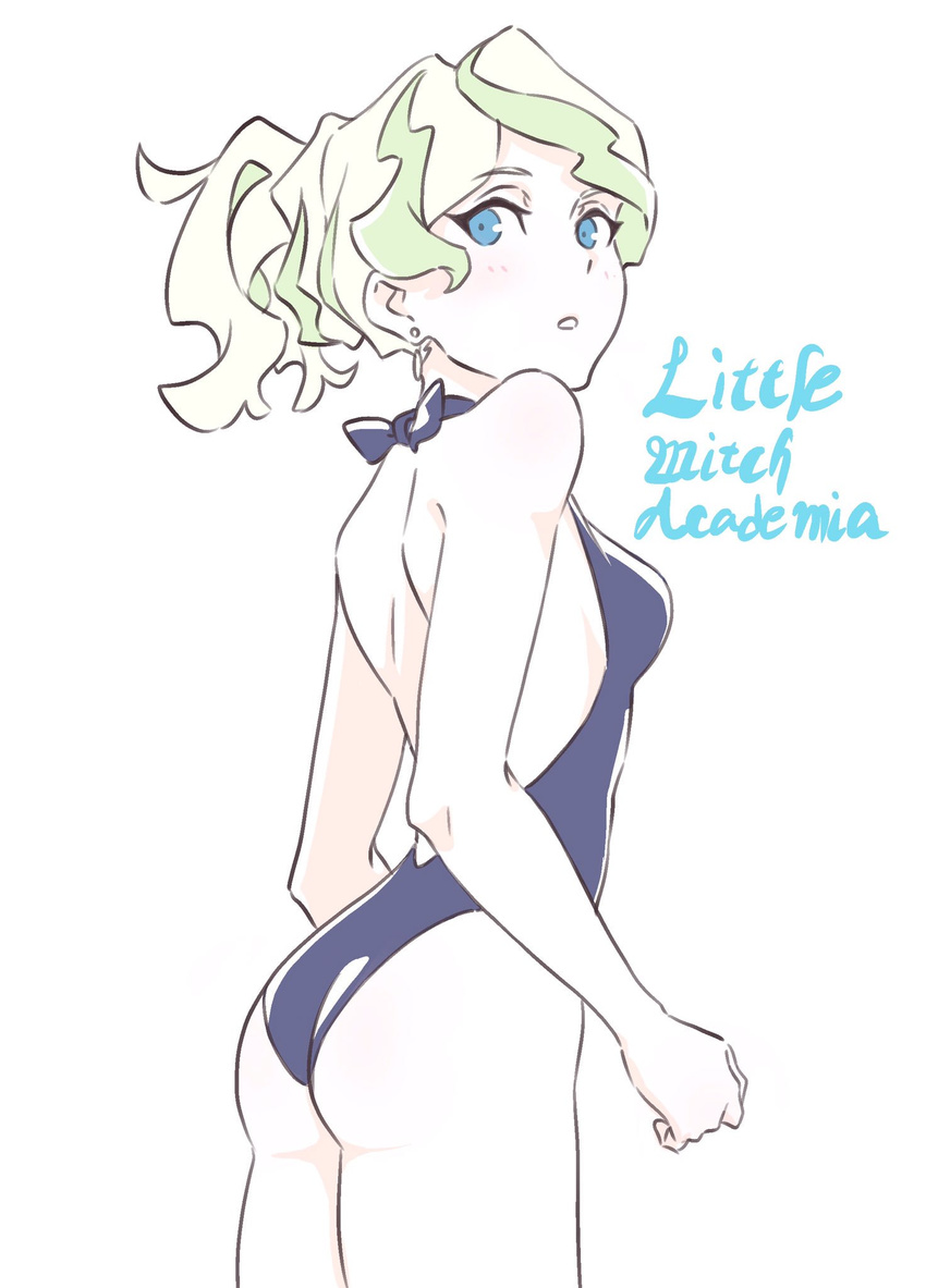 alternate_hairstyle ass blonde_hair blue_eyes blush clothes_pull copyright_name diana_cavendish earrings highres jewelry kengo little_witch_academia looking_back one-piece_swimsuit ponytail solo swimsuit tied_hair