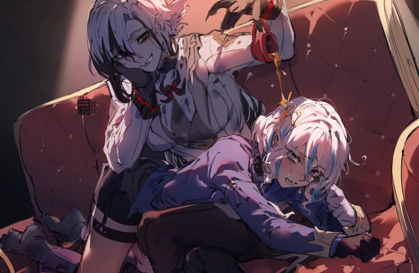 2girls absurdres arlecchino_(genshin_impact) black_eyes black_gloves black_hair black_shorts black_socks blue_eyes blue_hair blue_shirt breasts couch cup flying-frappuccino furina_(genshin_impact) genshin_impact gloves hand_on_own_cheek hand_on_own_face highres holding holding_cup jacket large_breasts long_sleeves lying multicolored_hair multiple_girls on_couch on_stomach open_mouth pouring_onto_another red_pupils shirt shorts sitting smile socks streaked_hair tea teacup thigh_strap white_gloves white_hair white_jacket