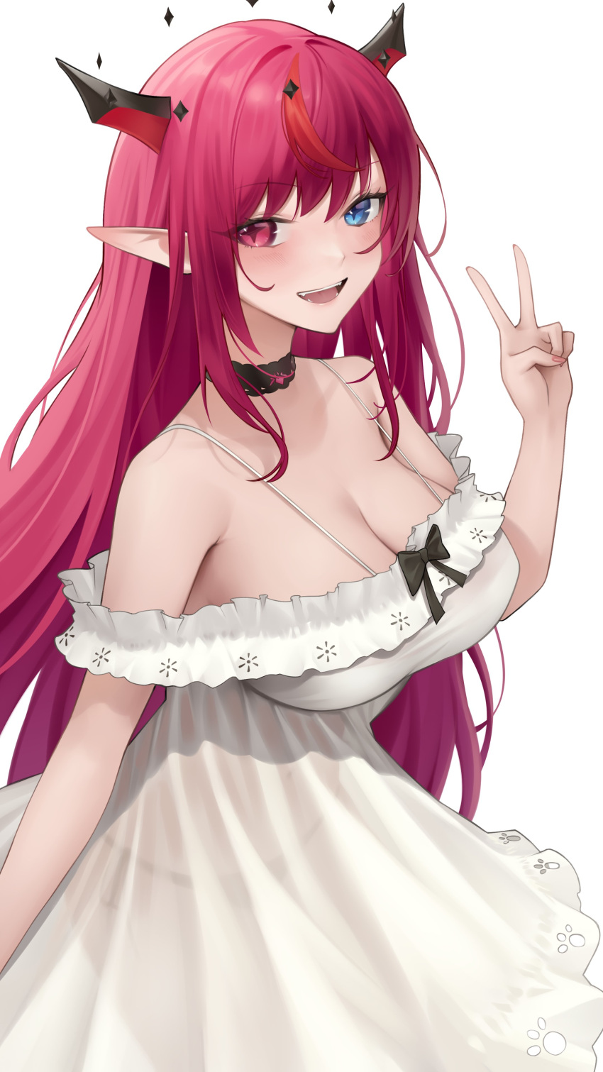 1girl absurdres black_choker black_panties blue_eyes breasts choker cleavage dress heterochromia highres hololive hololive_english horns irys_(casualrys)_(hololive) irys_(hololive) lace_trim large_breasts looking_at_viewer official_alternate_costume open_mouth panties pointy_ears purple_hair red_eyes red_hair see-through simple_background smile solo somebody_(leiking00) underwear v virtual_youtuber white_background white_dress