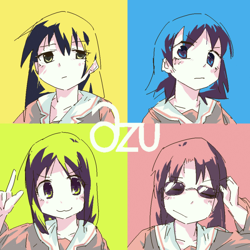 4girls :3 adjusting_eyewear album_cover album_cover_redraw azumanga_daioh azumanga_daioh's_school_uniform black_hair blue_eyes blur_(band) closed_eyes closed_mouth collarbone copyright_name cover derivative_work expressionless glasses hand_up highres jitome kasuga_ayumu long_hair mizuhara_koyomi multiple_girls parody sakaki_(azumanga_daioh) school_uniform short_hair suikatabetaiii takino_tomo tinted_eyewear upper_body v yellow_eyes