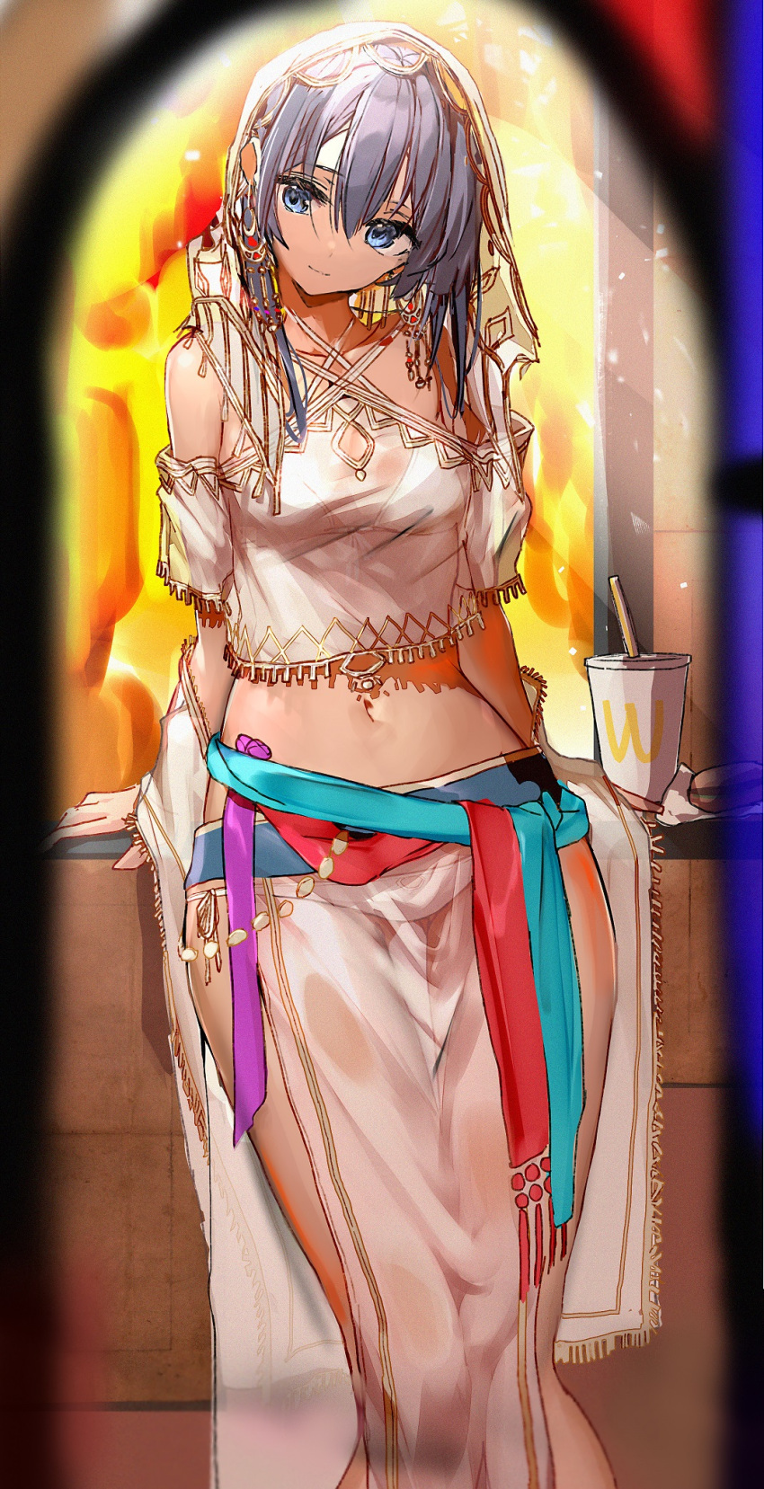 1girl arabian_clothes bare_shoulders blue_eyes bra closed_mouth collarbone cup dark_skin disposable_cup drinking_straw earrings enj! grey_hair head_tilt highres jewelry leaning_back long_hair looking_at_viewer midriff navel original pelvic_curtain revealing_clothes see-through solo underwear veil white_bra