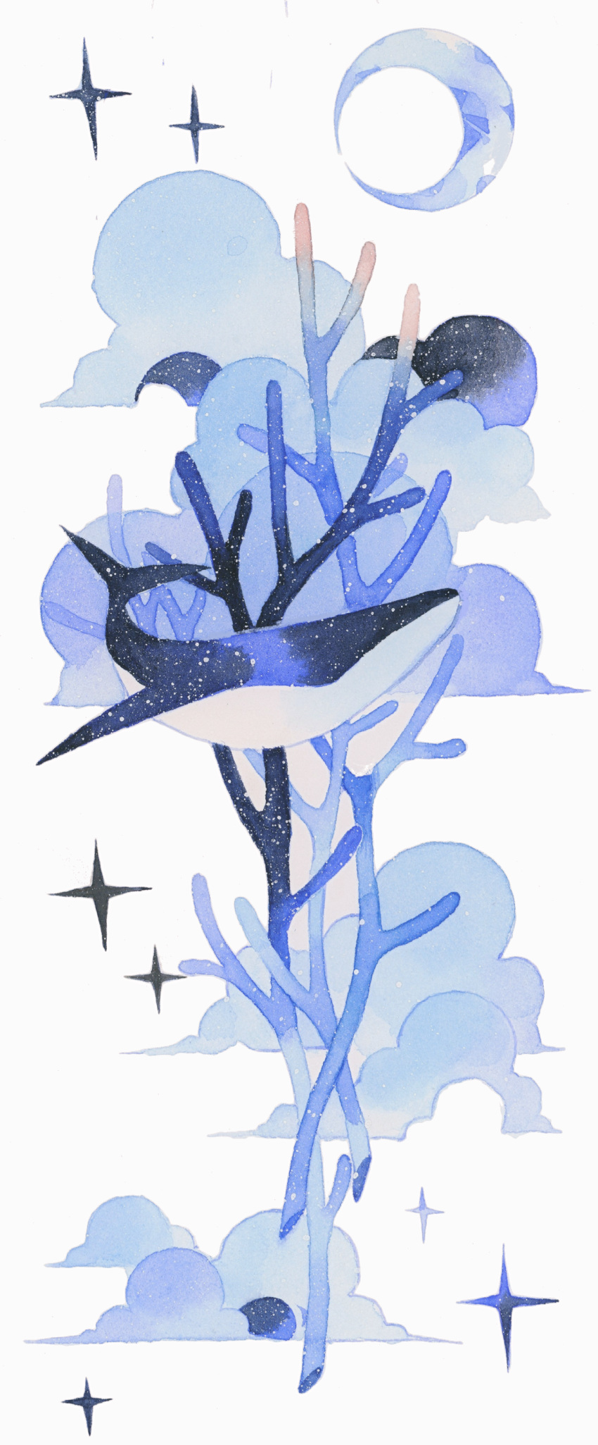 absurdres animal_focus blue_theme chinese_commentary cloud commentary_request coral crescent_moon highres jiang_(tang_kaike_ban) moon no_humans object_focus original painting_(medium) simple_background star_(sky) traditional_media watercolor_(medium) whale white_background