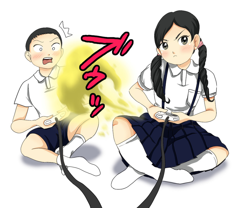 &gt;:( 1boy 1girl artist_request black_hair blank_eyes blush child controller fart farting game_controller grey_eyes indian_style long_hair playing_games school_uniform shota sitting skirt smell socks surprised twintails