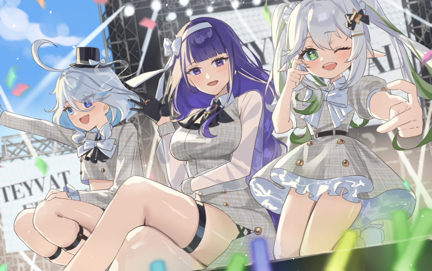 3girls absurdres ahoge alternate_costume alternate_hairstyle black_gloves black_hat blue_eyes blue_hair bow bowtie collar cross-shaped_pupils crossed_legs dress drop-shaped_pupils floating_hair furina_(genshin_impact) genshin_impact gloves gradient_hair green_eyes green_hair grey_hair hair_between_eyes hat highres knee_strap kneeling long_hair long_sleeves looking_at_viewer looking_to_the_side mini_hat mini_top_hat mismatched_pupils moti11kkk29 multicolored_hair multiple_girls nahida_(genshin_impact) one_eye_closed open_mouth outdoors pointy_ears purple_eyes purple_hair raiden_shogun short_hair short_sleeves sitting smile symbol-shaped_pupils teeth thigh_strap top_hat twintails upper_teeth_only waving white_bow white_bowtie white_collar