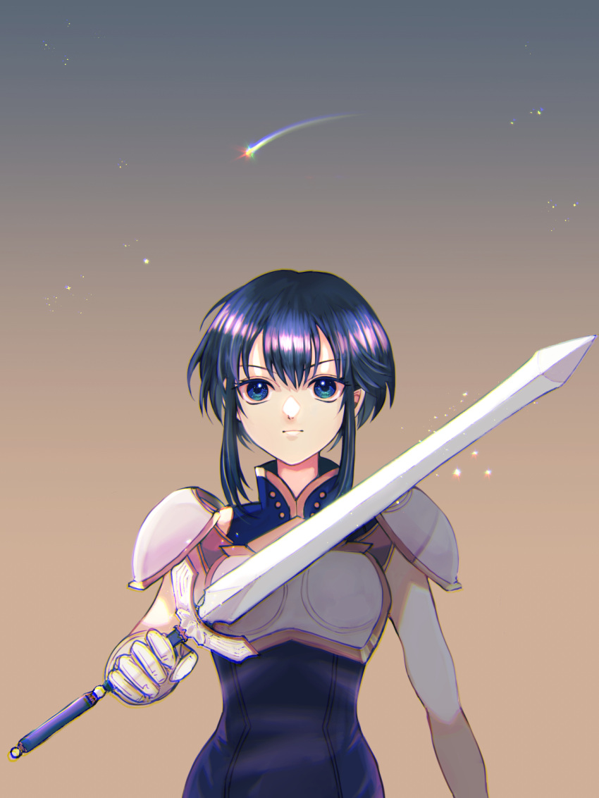 1girl armor black_hair breastplate dusk facing_viewer fire_emblem fire_emblem:_genealogy_of_the_holy_war gloves highres holding holding_sword holding_weapon larcei_(fire_emblem) purple_tunic shooting_star short_hair shoulder_armor sidelocks sky solo star_(sky) starry_sky suu_(dsg4sak) sword tomboy tunic weapon