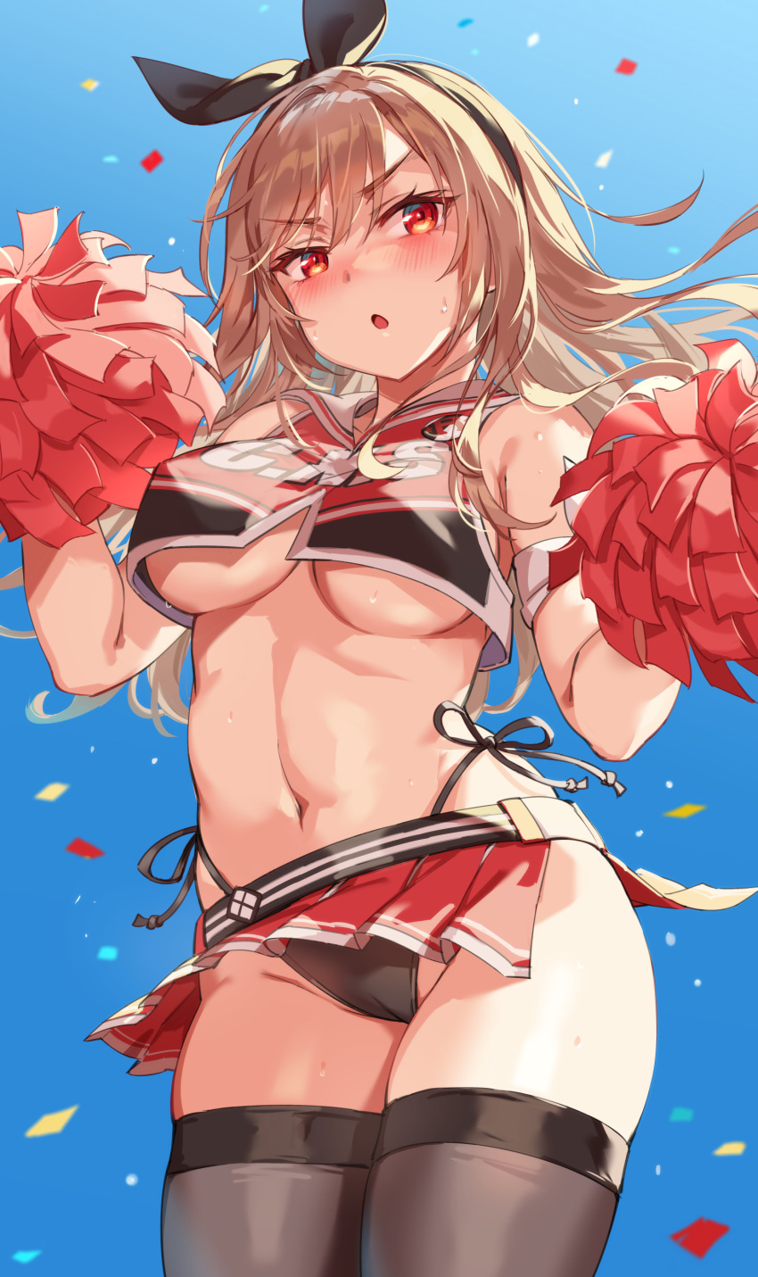 1girl :o absurdres alternate_costume black_hairband black_panties black_thighhighs blue_background blush breasts brown_hair cheerleader commentary_request confetti crop_top goddess_of_victory:_nikke hair_between_eyes hair_ribbon hairband highleg highleg_panties highres holding holding_pom_poms large_breasts long_hair looking_at_viewer michairu microskirt navel open_mouth panties pleated_skirt pom_pom_(cheerleading) rapi_(nikke) red_eyes red_shirt red_skirt ribbon shirt side-tie_panties skirt small_breasts solo standing stomach sweat thighhighs underboob underwear v-shaped_eyebrows