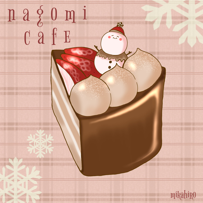 cake cake_slice food food_focus fruit highres mikahiro_food no_humans original snowflake_background snowman strawberry strawberry_slice