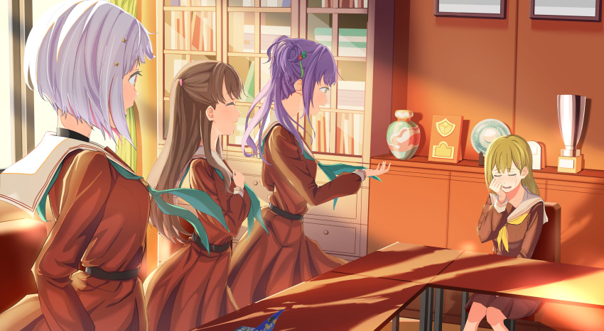 4girls absurdres aqua_neckerchief black_choker bob_cut brown_dress brown_hair cabinet choker closed_eyes commentary crying dress facing_another flower fujishima_megumi green_eyes green_hair grey_hair hair_bun hair_flower hair_ornament hairclip hand_on_lap hand_on_own_chest hand_up hasu_no_sora_school_uniform highres in-universe_location inverted_bob link!_like!_love_live! long_hair long_sleeves looking_at_another love_live! medium_dress multicolored_hair multiple_girls neckerchief on_chair oogami_sachi open_mouth otomune_kozue pink_eyes pink_hair pizza_salad_(dogimo_) pleated_dress profile purple_hair red_flower sailor_collar sailor_dress school_uniform shadow short_hair side_ponytail sidelocks single_side_bun sitting smile star_(symbol) star_hair_ornament straight_hair streaked_hair swept_bangs table tears trophy two_side_up vase virtual_youtuber white_sailor_collar window winter_uniform wiping_tears yellow_neckerchief yugiri_tsuzuri