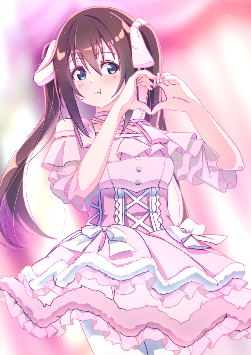 1girl :t ajapar alternate_hairstyle blue_eyes blurry blurry_background blush bow breasts brown_hair commentary_request dress frilled_dress frills hair_between_eyes heart heart_hands highres koakuma_love layered_dress long_hair looking_at_viewer love_live! love_live!_nijigasaki_high_school_idol_club medium_breasts osaka_shizuku pink_dress pout sidelocks solo standing twintails upper_body white_bow