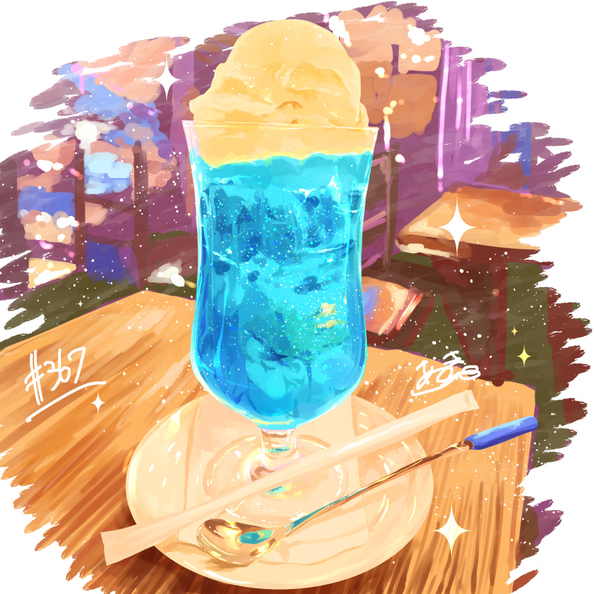 absurdres drink food food_focus highres ice_cream ice_cream_float indoors melon_soda no_humans original sauce spoon still_life table takisou_sou wooden_table