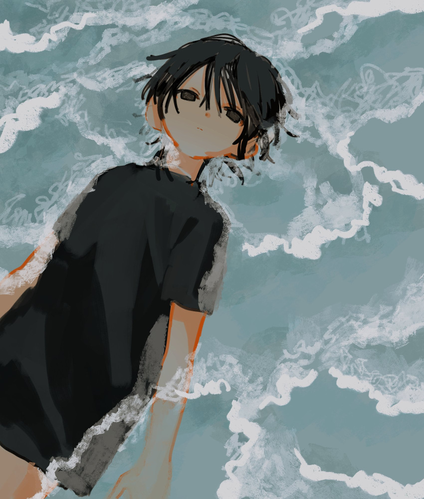 1boy black_eyes black_hair black_shirt black_shorts from_above highres looking_at_viewer original partially_submerged shirt shorts solo uzuki_uzu water