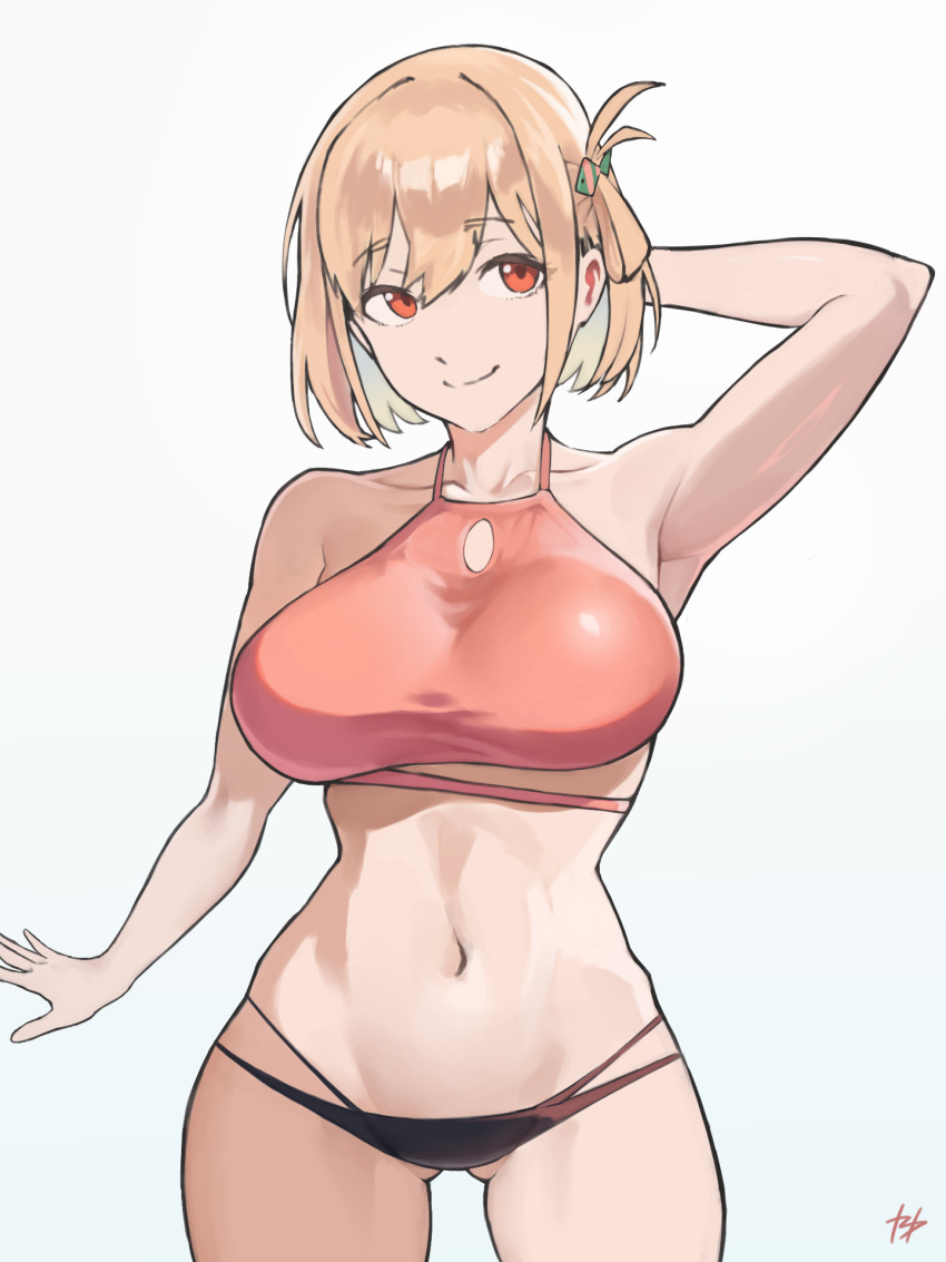 1girl arm_behind_head ass_visible_through_thighs bikini blonde_hair breasts closed_mouth collarbone cowboy_shot fukuya_art highres large_breasts lycoris_recoil mismatched_bikini navel nishikigi_chisato red_eyes short_hair smile solo stomach swimsuit