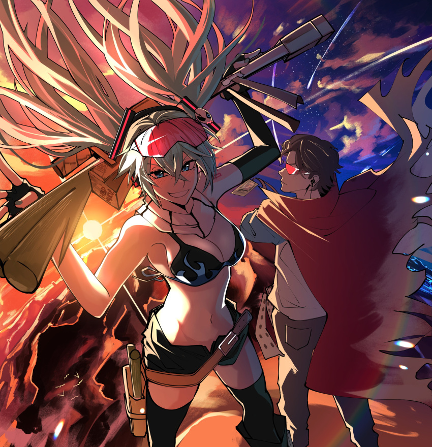 1boy 1girl absurdres alternate_breast_size aqua_hair asymmetrical_gloves bikini bikini_top_only black_bikini black_thighhighs blue_eyes breasts cape cloud commentary cosplay crossed_arms elbow_gloves english_commentary eyewear_on_head fingerless_gloves gloves grin gun hatsune_miku heartbreak_juan highres holding holding_gun holding_weapon holster jerma985 jerma985_(person) kamina_(ttgl) kamina_(ttgl)_(cosplay) kamina_shades large_breasts number_tattoo open_fly red_cape rifle short_shorts shorts shoulder_tattoo single_elbow_glove smile spring_onion swimsuit tattoo tengen_toppa_gurren_lagann thighhighs twintails vocaloid weapon yoko_littner yoko_littner_(cosplay)