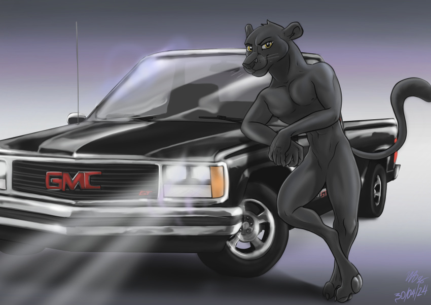 anthro black_body black_fur brown_eyes chevrolet duo felid feline fur light_truck male male/male mammal pantherine pickup_truck retro simple_background smile smiling_at_viewer solo tail truck_(vehicle) vehicle wolfyalex96