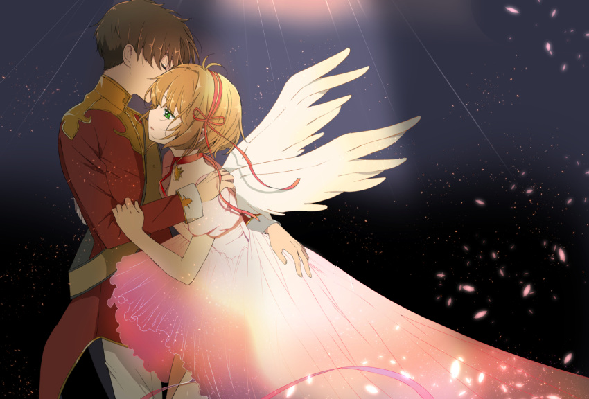 1boy 1girl brown_hair cardcaptor_sakura choker closed_eyes couple dress green_eyes hairband hetero highres hug jacket kinomoto_sakura li_syaoran light_rays parted_lips petals pink_dress ribbon rii2a77ru short_hair simple_background star_(symbol) star_choker white_background white_wings wings