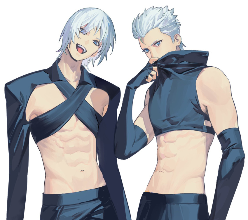 2boys abs androgynous bare_pectorals bare_shoulders bishounen blue_eyes dante_(devil_may_cry) devil_may_cry_(series) devil_may_cry_3 hair_between_eyes hair_slicked_back highres long_sleeves looking_at_viewer male_focus midriff multiple_boys muscular muscular_male open_clothes open_mouth pectorals siblings simple_background sleeveless sleeves_past_wrists smile toned twins vergil_(devil_may_cry) white_background white_hair ykim01989882