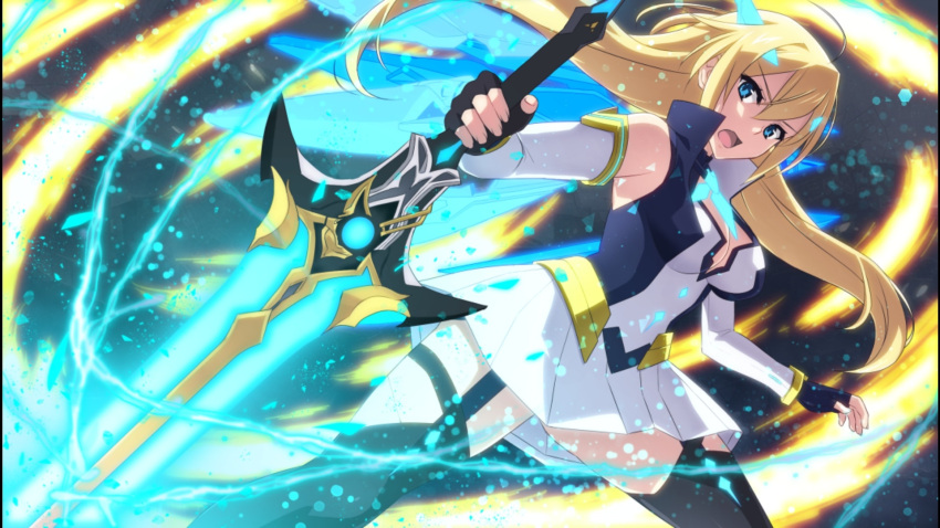 1girl and_the_hero_was_never_seen_again angry armpits astel black_thighhighs blonde_hair blue_eyes blurry blurry_background breasts cleavage detached_sleeves fingerless_gloves game_cg gloves glowing glowing_sword glowing_weapon glowing_wings gold_trim hair_ornament highres holding holding_sword holding_weapon jacket light_particles long_hair looking_at_viewer mecha_musume mechanical_wings medium_breasts non-web_source open_mouth pleated_skirt skirt solo sword thighhighs thighs tongue very_long_sleeves weapon white_skirt wings