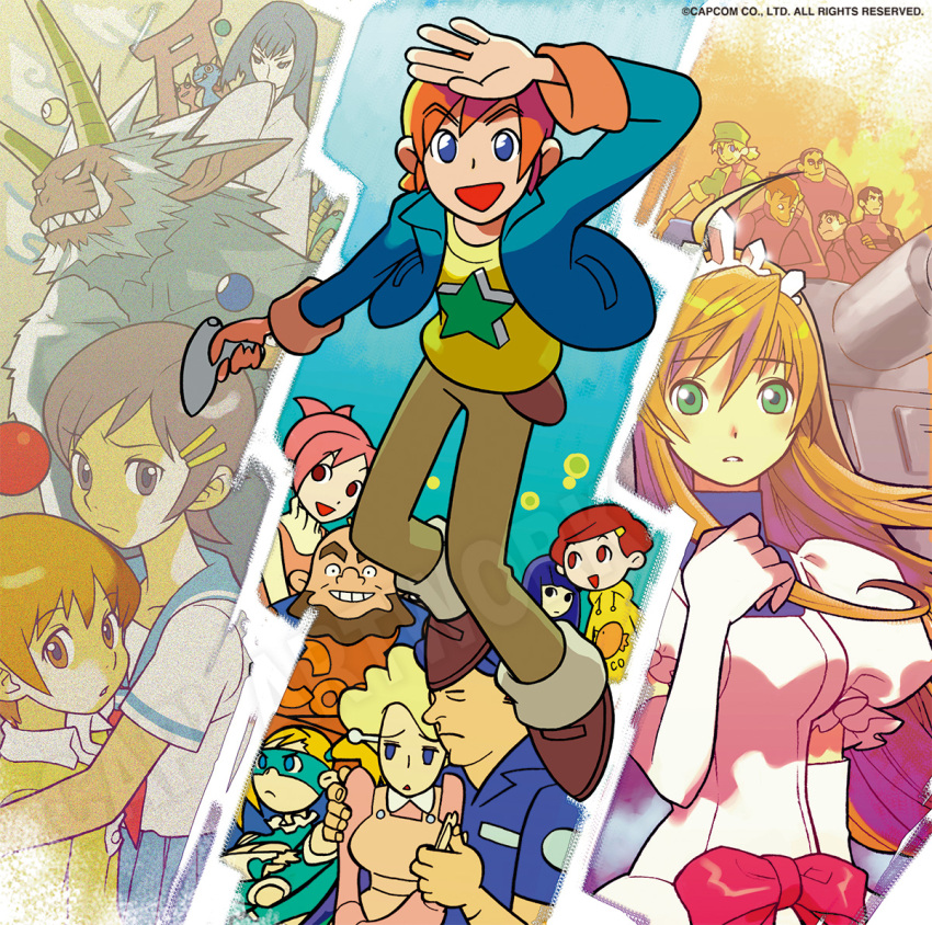 6+boys 6+girls :d bad_link ball beard black_hair blonde_hair blue_collar blue_eyes blue_hair blue_jacket blue_pocket blue_sleeves blunt_ends border bow brown_eyebrows brown_eyes brown_footwear brown_hair brown_pants capcom character_request chicken_print child cleavage_cutout closed_mouth clothing_cutout cloud collar collared_shirt crossed_arms dress dress_bow elbow_gloves english_text facial_hair fire floating floating_object frilled_collar frilled_sleeves frills frown full_beard gloves gradient_background green_eyes green_hat green_jacket gun hair_between_eyes hair_ornament hair_pulled_back hair_tie hairclip hat holding holding_gun holding_weapon hood hoodie jacket leotard light_blue_collar light_blue_jacket light_blue_mask light_blue_skirt light_blue_stripes light_brown_hair long_sleeves looking_at_viewer looking_to_the_side looking_up mandarin_collar military_vehicle motor_vehicle multiple_boys multiple_girls neckerchief official_art oni open_mouth orange_gloves orange_hair orange_wrist_cuffs outside_border paneled_background pants pink_hair pink_sleeves pleated_skirt princess puffy_sleeves rainbow_mika red_bow red_neckerchief red_uniform school_uniform second-party_source serafuku serious sharp_teeth shirt short_hair skirt sleeves_rolled_up smile star_(symbol) star_print startling_adventures straight_hair street_fighter striped_clothes striped_collar striped_dress tank teeth text_print thick_eyebrows tiara toon_(style) torii twintails upper_body v-shaped_eyebrows vertical-striped_clothes vertical-striped_dress vertical-striped_sleeves watermark weapon white_border white_collar white_dress white_gloves white_serafuku white_sleeves white_tiara wide_sleeves worried yellow_collar yellow_hoodie yellow_shirt