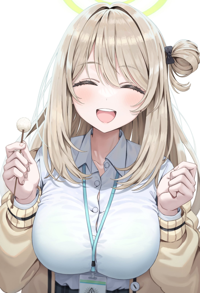 1girl blue_archive blush breasts closed_eyes hair_bun halo highres jacket lanyard large_breasts light_brown_hair long_hair mimikaki nonomi_(blue_archive) ojyomu open_clothes open_jacket open_mouth shirt simple_background single_side_bun smile teeth upper_body upper_teeth_only white_background white_shirt