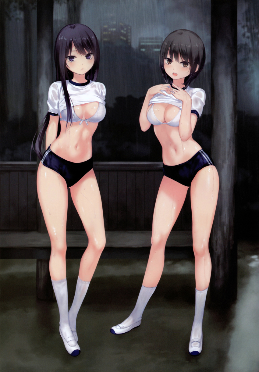 2girls absurdres aoyama_sumika buruma coffee-kizoku gym_uniform highres multiple_girls shiramine_rika wet