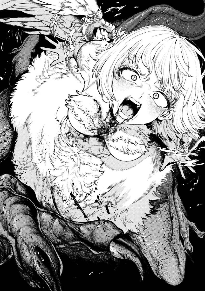 1girl angry black_background blood blood_from_mouth blood_on_chest blood_on_face body_fur breasts chimera claws constricted_pupils dragon_tail dungeon_meshi falin_touden falin_touden_(chimera) fangs feathered_wings feathers from_above greyscale highres looking_at_viewer monochrome monster_girl morimoto_atsushi open_mouth scales short_hair simple_background slit_pupils solo tail talons taur v-shaped_eyebrows wide-eyed wings