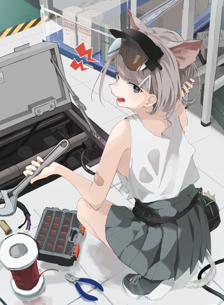 1girl absurdres almond_(arknights) animal_ears annoyed arknights black_footwear breasts commentary dog_ears dog_girl dog_tail full_body grey_eyes grey_hair grey_skirt hair_ornament highres holding holding_wrench looking_at_viewer looking_back open_mouth pleated_skirt pliers shoes sideboob skirt sneakers solo squatting symbol-only_commentary tail tank_top thread tokorinowa toolbox trap_door visor_cap white_tank_top wrench