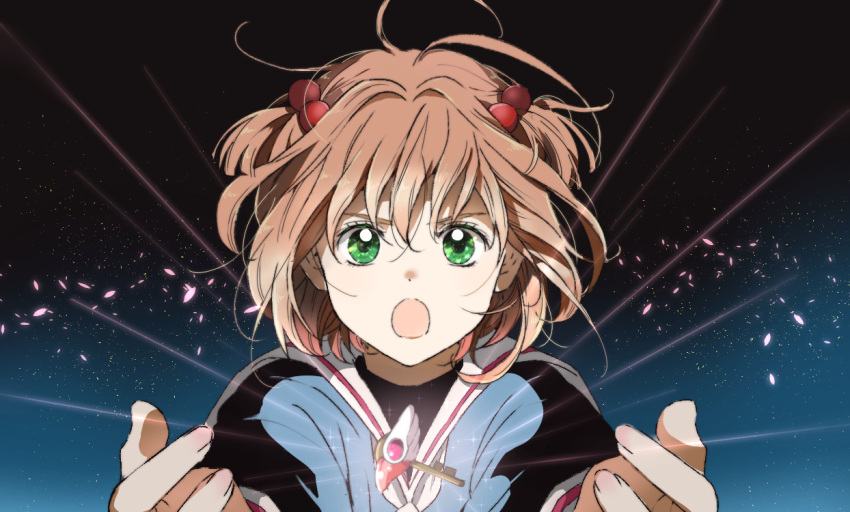 1girl antenna_hair brown_hair cardcaptor_sakura floating_hair green_eyes hair_bobbles hair_ornament key kinomoto_sakura looking_at_viewer open_mouth rii2a77ru sailor_collar school_uniform serafuku short_hair solo straight-on tomoeda_elementary_school_uniform upper_body