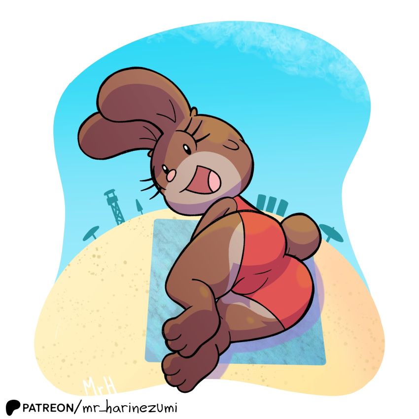 2024 3_toes beach beach_towel beach_umbrella black_eyes brown_body brown_fur clothing colored el_senor_erizo eyelashes feet female fluffy fluffy_tail fur hi_res lagomorph leporid looking_at_viewer mammal mr_harinezumi open_mouth open_smile parasol patreon patreon_logo pink_nose rabbit red_clothing red_swimwear sand shaded simple_background smile solo spanish_description swimwear tail tan_body tan_fur textless toes tongue towel tuzi_(el_senor_erizo)