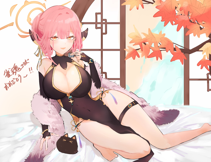 1girl aru_(blue_archive) autumn_leaves black_dress black_sleeves blue_archive blunt_bangs blush bracelet breasts brown_horns china_dress chinese_clothes cleavage commentary_request covered_navel demon_horns detached_sleeves dress full_body gold_trim hair_between_eyes halo highres holding holding_mahjong_tile horns jewelry large_breasts lattice leaf long_hair looking_at_viewer lying mahjong_soul mahjong_tile maple_leaf medium_bangs on_side oniku_(monyo) open_mouth orange_halo pink_hair sleeveless sleeveless_dress smile solo thigh_strap translation_request yellow_eyes