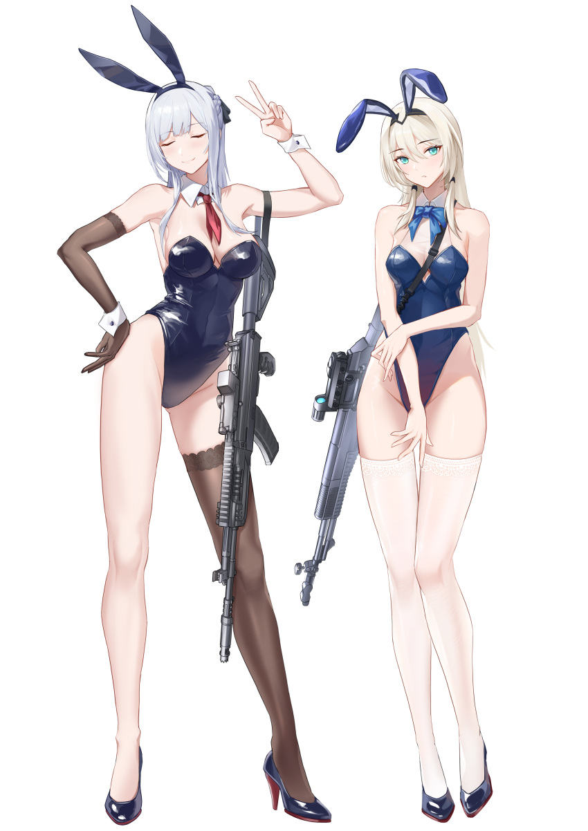 2girls absurdres ak-12 ak-12_(girls'_frontline) an-94 an-94_(girls'_frontline) animal_ears aqua_eyes assault_rifle black_footwear black_leotard blonde_hair blue_bow blue_bowtie blue_leotard bow bowtie breasts chinese_commentary cleavage closed_eyes closed_mouth detached_collar elbow_gloves fake_animal_ears full_body girls'_frontline gloves gun high_heels highleg highleg_leotard highres kalashnikov_rifle leotard long_hair looking_at_viewer lord-erica multiple_girls necktie playboy_bunny rabbit_ears red_necktie rifle shoes short_necktie sidelocks simple_background single_glove single_thighhigh thighhighs weapon white_background white_hair white_thighhighs wrist_cuffs