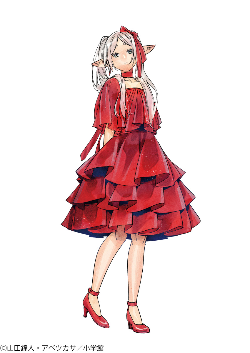 1girl abe_tsukasa absurdres alternate_costume aqua_eyes arms_behind_back choker dress earrings elf expressionless frieren full_body hair_ribbon high_heels highres jewelry long_hair looking_at_viewer official_art parted_bangs pointy_ears red_choker red_dress red_footwear red_ribbon ribbon second-party_source shoes short_eyebrows short_sleeves simple_background solo sousou_no_frieren standing twintails white_background white_hair