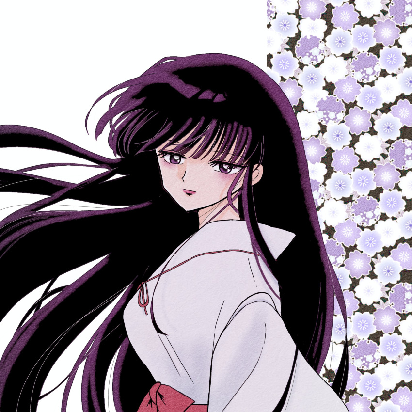 1girl black_eyes black_hair blunt_bangs breasts closed_mouth floral_background hakama highres inuyasha japanese_clothes kikyou_(inuyasha) light_blush long_hair long_sleeves medium_breasts miko normal_cp_accou pale_skin red_hakama shirt sidelocks solo straight_hair upper_body white_background white_shirt