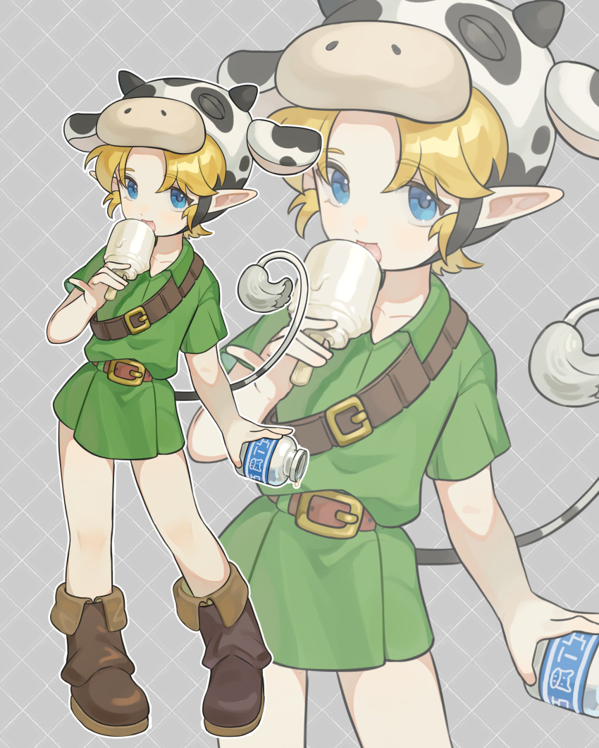 1boy absurdres blonde_hair blue_eyes brown_footwear child commentary_request food green_tunic hat highres ice_cream licking link male_focus pointy_ears rmflarmflrl22 the_legend_of_zelda the_legend_of_zelda:_ocarina_of_time tunic young_link