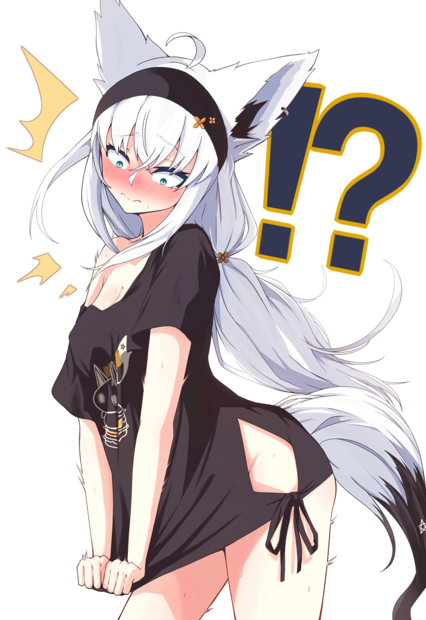 !? 1girl ahoge animal_ears black_headband black_shirt blue_eyes blush breasts cleavage fox_ears fox_girl fox_tail headband highres hololive kaiju_ryoku long_hair looking_at_viewer low_ponytail official_alternate_costume shirakami_fubuki shirakami_fubuki_(loungewear) shirt small_breasts tail tied_shirt virtual_youtuber white_background