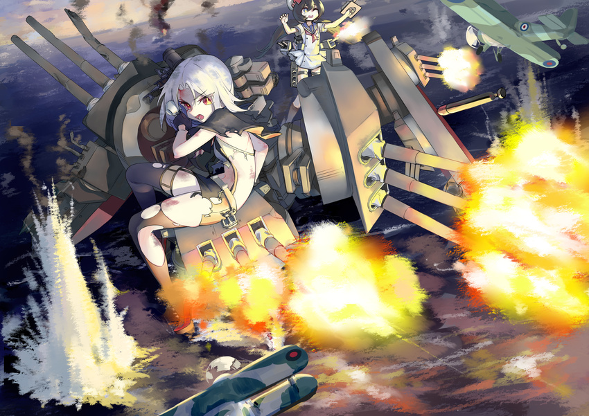 absurdres aircraft airplane anchor antonio_da_noli_(zhan_jian_shao_nyu) battle biplane black_gloves black_legwear blackblades bow cannon capelet commentary_request cup damaged double-breasted explosion garter_straps gloves gun hat headgear highres holding holding_cup holding_gun holding_weapon long_hair low_twintails machinery multiple_girls purple_eyes purple_hair red_bow red_eyes red_footwear shirt shoes sitting skirt thighhighs torn_clothes torn_legwear torn_shirt torn_skirt torpedo turret twintails very_long_hair vittorio_veneto_(zhan_jian_shao_nyu) weapon white_hair zhan_jian_shao_nyu