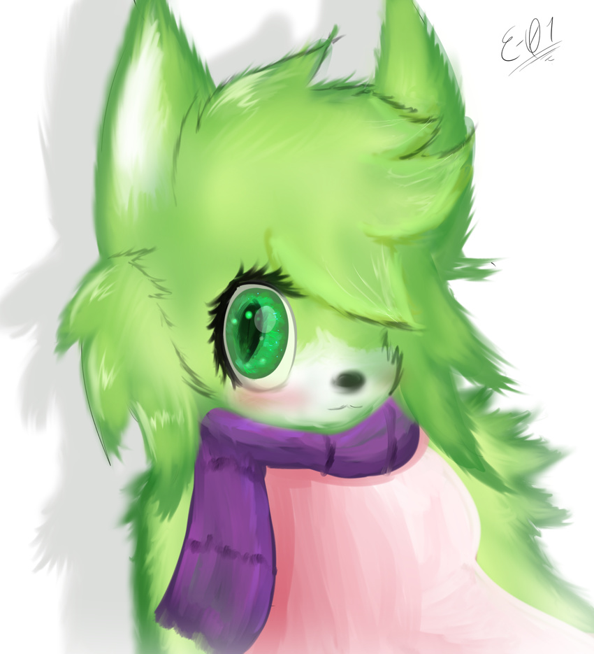 2017 :3 absurd_res anthro big_eyes black_nose blush canine class_zero clothed clothing cute cute_face detailed digital_media_(artwork) e-01 eyebrows eyelashes female fluffy fur green_eyes green_fur green_hair hair hair_tuft hi_res lime_fur looking_at_viewer mammal multicolored_fur scarf shadow simple_background smile solo standing two_tone_fur white_background white_fur wolf zero_one