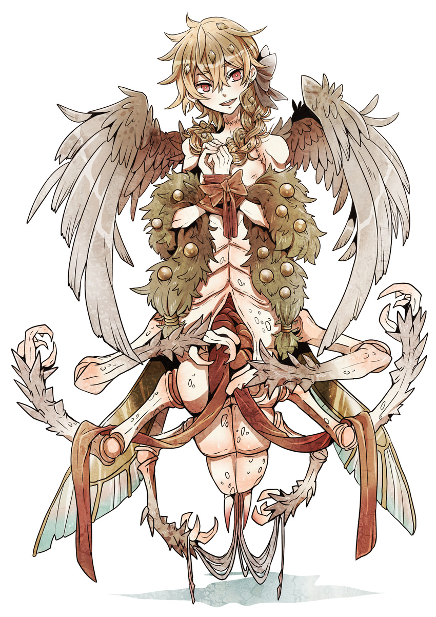 blonde_hair braid carapace claws commentary earrings eyebrows_visible_through_hair feathered_wings full_body hair_ornament highres insect_wings jewelry male_focus monster_boy original own_hands_together red_eyes ribbon smile solo stitches stud_earrings towa-darkmistic white_background wings