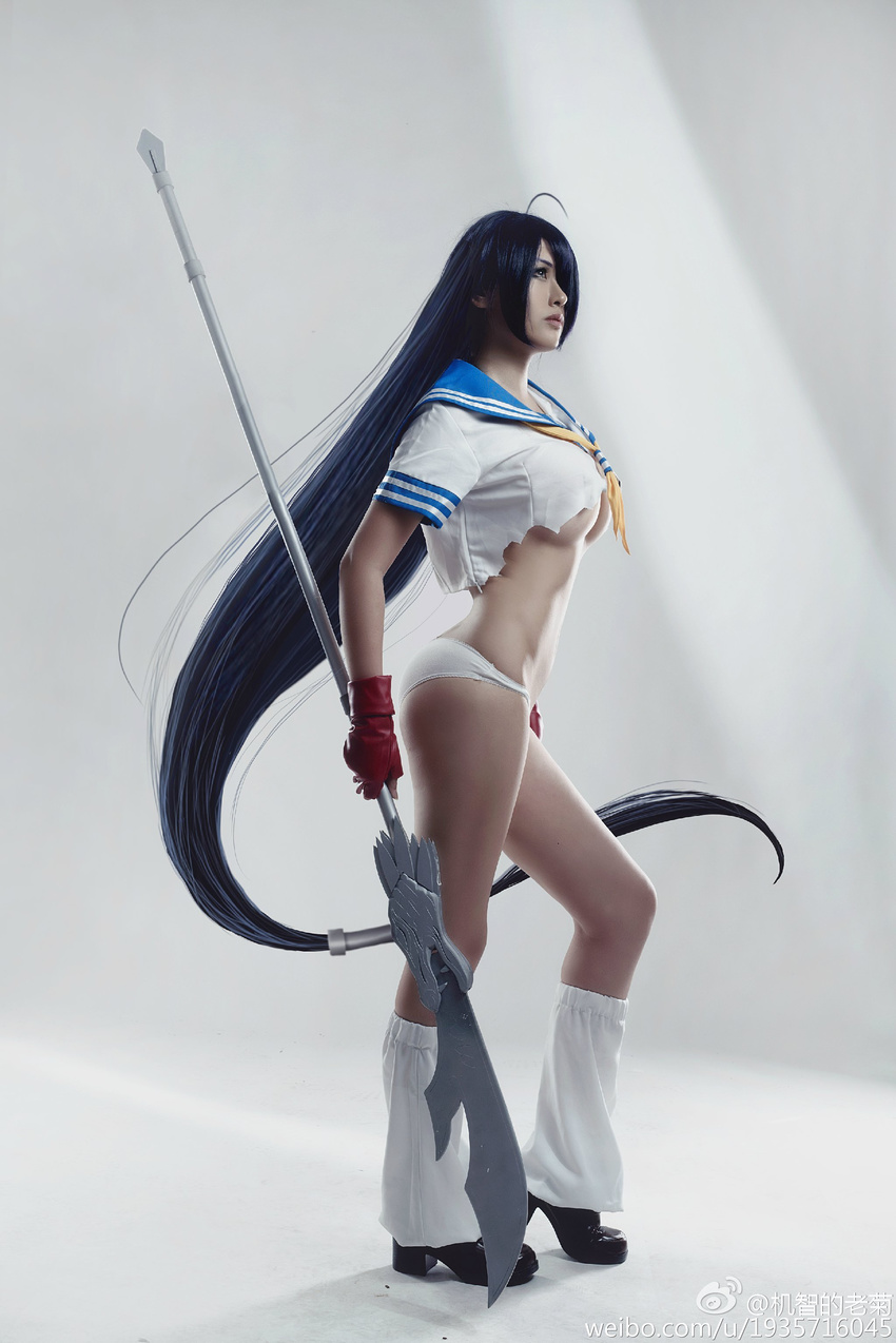 1girl breasts cosplay gloves ikkitousen kan'u_unchou large_breasts long_hair panties photo solo spear standing torn_clothes weapon white_panties
