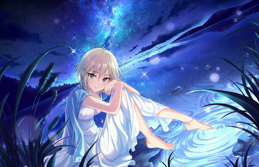ahoge anastasia_(idolmaster) anklet aqua_eyes arms_up artist_request bangs bare_arms barefoot blue_jacket blue_sky breasts cattail closed_mouth collarbone dot_nose dress dutch_angle earrings eyebrows_visible_through_hair eyelashes eyes_visible_through_hair floral_print full_body hair_between_eyes hand_on_own_cheek head_rest horizon idolmaster idolmaster_cinderella_girls idolmaster_cinderella_girls_starlight_stage jacket jacket_on_shoulders jewelry knees_up lake leaning_forward light_brown_hair light_particles light_smile looking_at_viewer medium_breasts milky_way mountain mountainous_horizon nature nebula necklace night night_sky official_art outdoors plant print_jacket reflection ripples rock scenery short_hair sitting sky sleeveless sleeveless_dress soaking_feet solo sparkle star star_(sky) star_earrings star_necklace starry_sky strap_gap unbuttoned water white_dress