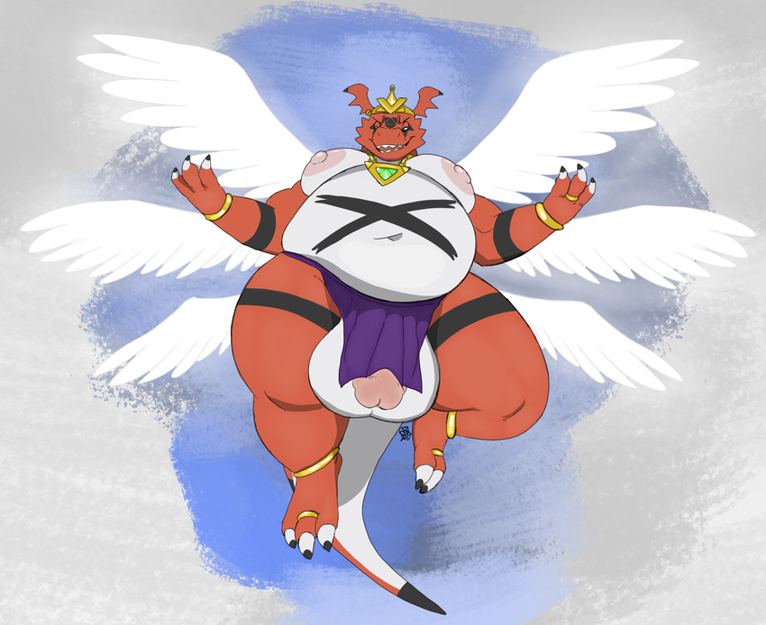 2017 anklet anthro armlets balls bangabear belly big_balls big_belly big_butt big_nipples butt clothing crown digimon ear_piercing fan_character floating flying gem grin guilmon jewelry king king_felix male markings moobs necklace nipples nude overweight overweight_male penis piercing ring royalty scalie simple_background slightly_chubby smile solo tattoo wings