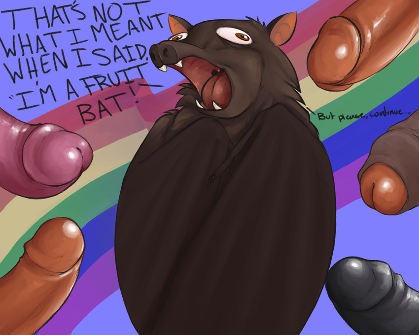 bat brown_fur claws dialogue english_text fangs feral fruit_bat fur humanoid_penis humor male male/male mammal membranous_wings open_mouth partially_retracted_foreskin penis penis_everywhere rainbow_flag rainbow_symbol simple_background stated_homosexuality teeth text tongue uncut velrizoth wings