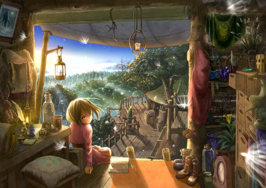backpack backpack_removed bag blue_eyes blush book boots boots_removed brown_hair candle clock compass cross-laced_footwear crystal forest highres jar lace-up_boots lantern looking_at_viewer looking_back mountain nature original painting_(object) poppo_sutchy scenery short_hair solo star stuffed_animal stuffed_bunny stuffed_toy sunset whale
