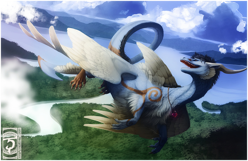 2013 claws curved_horn day detailed_background digital_media_(artwork) dragon feathered_dragon feathers feral flying horn open_mouth outside shinerai smile solo teeth