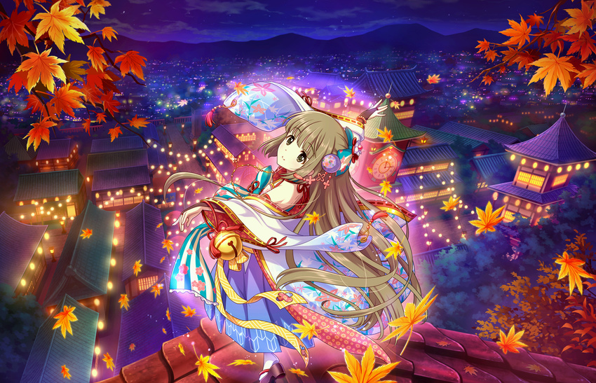 \||/ aqua_bow architecture asa_no_ha_(pattern) autumn autumn_leaves bangs bare_shoulders bead_bracelet beads bell blue_hakama blue_sky bow bracelet bridal_gauntlets brown_eyes brown_hair cherry_blossom_print clock clock_tower clog_sandals closed_mouth cloud cloudy_sky dot_nose east_asian_architecture eyebrows_visible_through_hair floral_print furisode glint glowing hair_bow hair_ornament hakama idolmaster idolmaster_cinderella_girls idolmaster_cinderella_girls_starlight_stage japanese_clothes jewelry jingle_bell kanzashi kimono lantern leaf leaf_print long_hair looking_at_viewer looking_to_the_side maple_leaf maple_leaf_print night night_sky o-ring off_shoulder on_roof outdoors outstretched_arms pagoda path print_hakama print_kimono red_ribbon ribbon ribbon-trimmed_sleeves ribbon_trim road rooftop sayagata shoulder_blades sky solo star_(sky) starry_sky stone_lantern tabi tassel tile_roof tower town tree very_long_hair white_kimono wide_sleeves window yagasuri yorita_yoshino