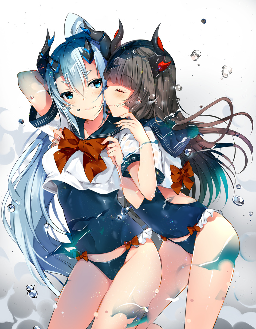 :3 black_hair blue_eyes blue_hair bow closed_eyes frilled_swimsuit frills highres horns long_hair looking_at_another looking_back multiple_girls nontraditional_school_swimsuit original red_bow school_swimsuit school_swimsuit_flap school_uniform serafuku standing swimsuit swimsuit_under_clothes usagihime water yuri