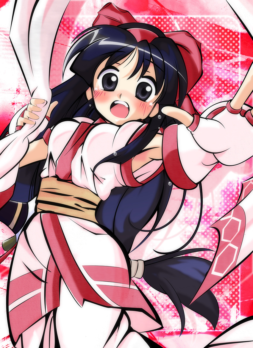 ainu_clothes armpits black_hair blush bow breasts brown_eyes fingerless_gloves gloves hair_bow hair_ribbon hairband highres long_hair medium_breasts nakoruru oosama_(hikouseki223) open_mouth red_bow ribbon samurai_spirits short_sleeves solo