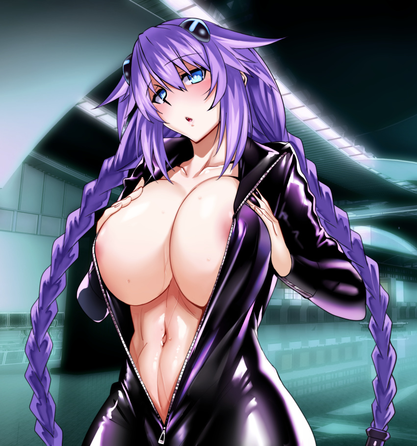 1girl areolae blue_eyes blush bodysuit braid breasts choujigen_game_neptune cleavage female hair_ornament huge_breasts long_braid long_hair looking_at_viewer navel neptune_(choujigen_game_neptune) neptune_(series) nyamota_(noraneko_koubou) open_clothes open_mouth purple_hair purple_heart shiny shiny_clothes shoulders solo sweat symbol-shaped_pupils tied_hair twin_braids unzipped very_long_hair